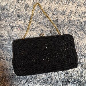 Black Beaded Evening Clutch with Gold Chain